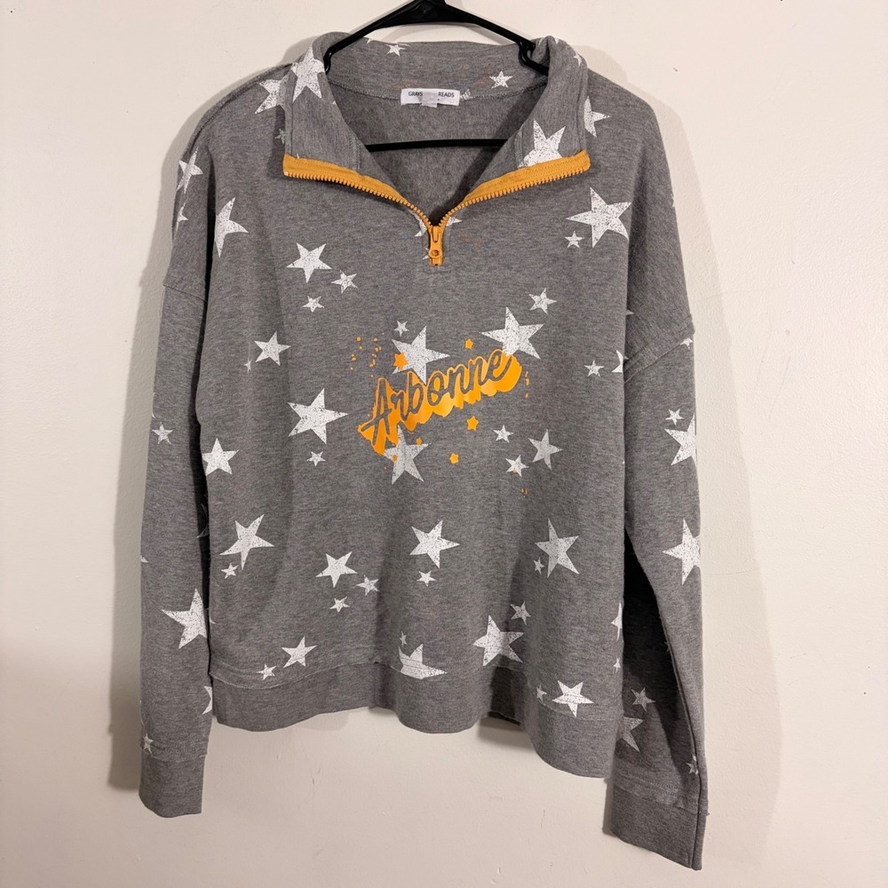 Grayson Threads Arbonne Sweatshirt Women L Grey Star Print 1/4 Zip Pullover